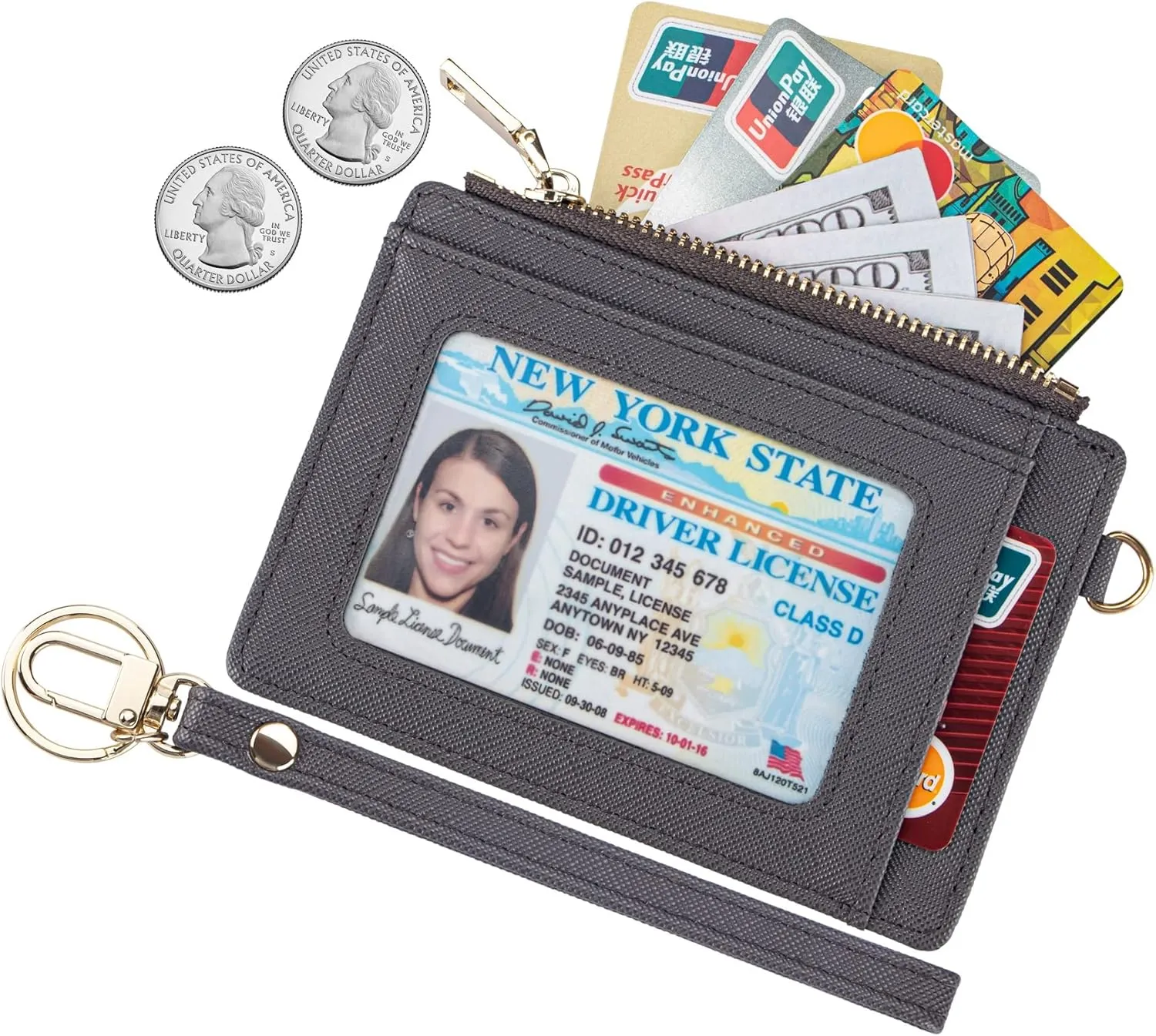Wikavanli Women Slim Rfid Blocking Credit Card Case Holder Wristlet Zip ID Case Wallet Small Compact Leather Wallet Coin Purse with Keychain (Gray a)