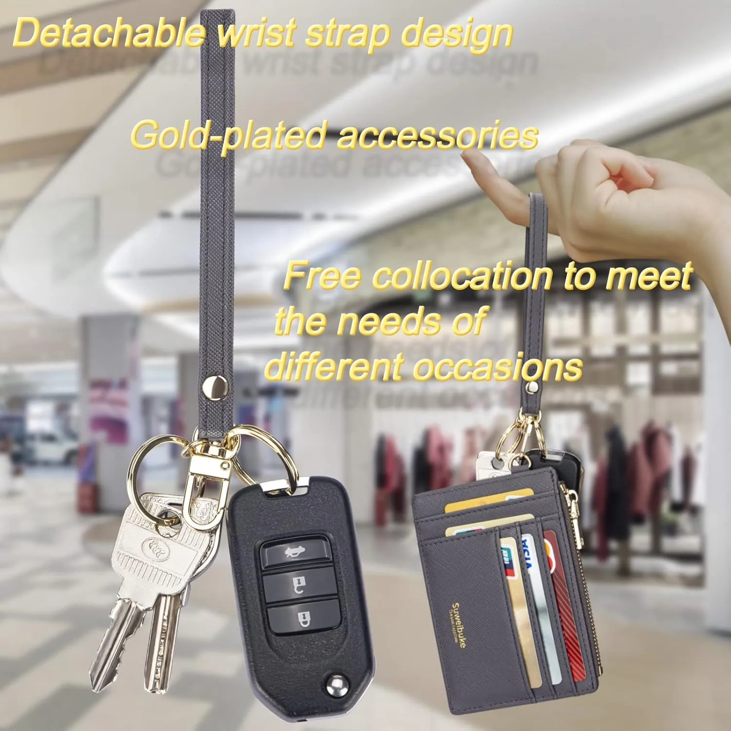 Wikavanli Women Slim Rfid Blocking Credit Card Case Holder Wristlet Zip ID Case Wallet Small Compact Leather Wallet Coin Purse with Keychain (Gray a)