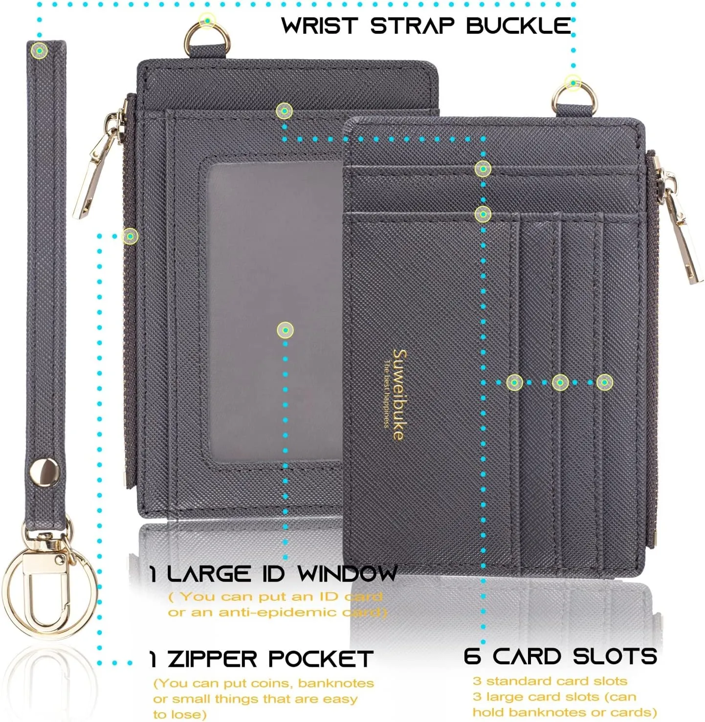 Wikavanli Women Slim Rfid Blocking Credit Card Case Holder Wristlet Zip ID Case Wallet Small Compact Leather Wallet Coin Purse with Keychain (Gray a)