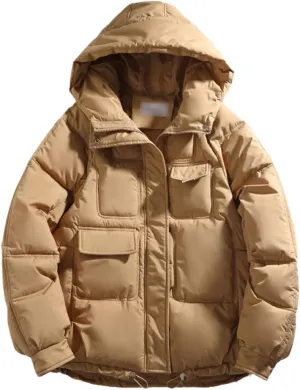 Winter Puffer Jacket Women Solid Simple Hooded Bubble Coat Cotton Padded Warm Parka Pockets Casual Outwear