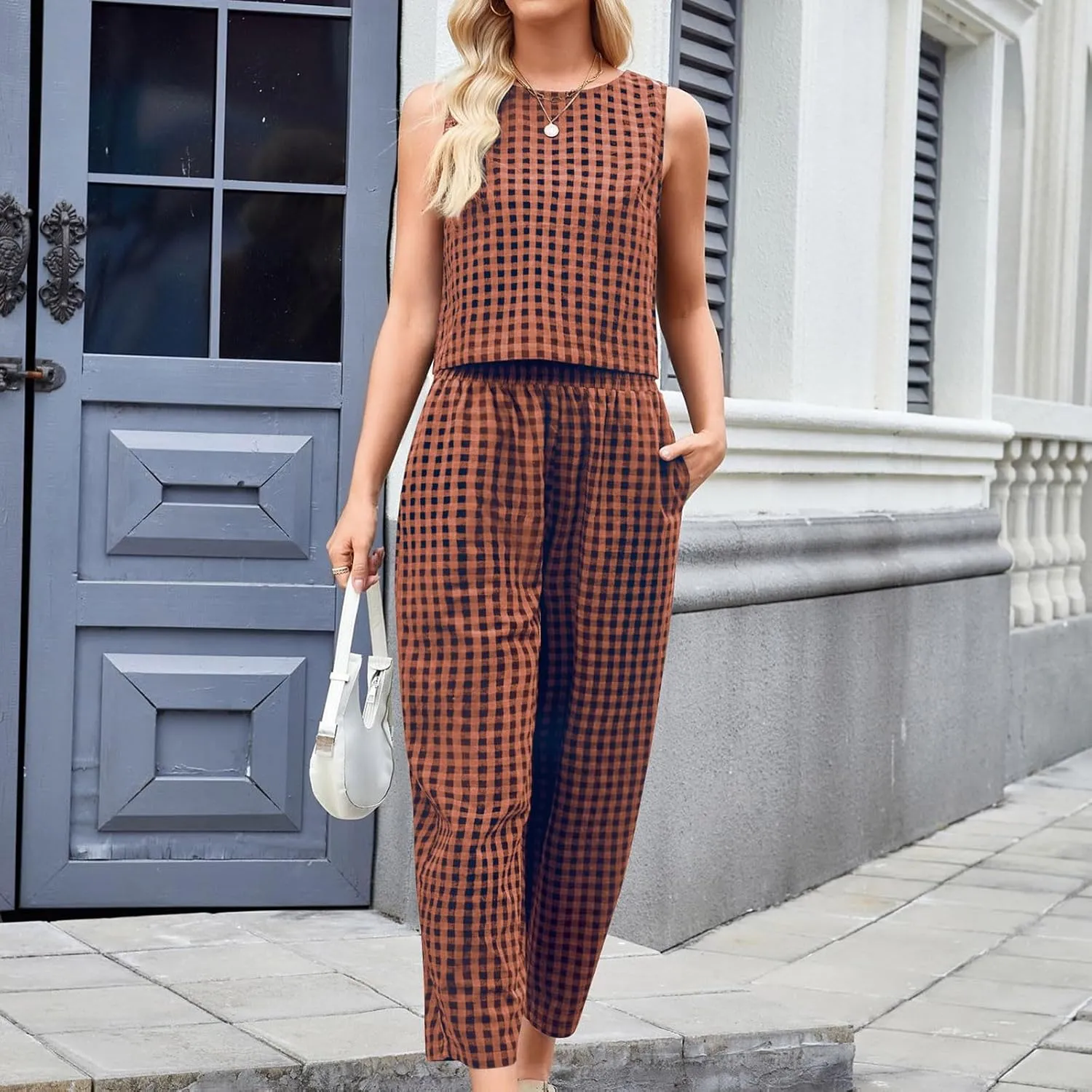 Women 2 Piece Summer Outfit Plaid Lounge Wear Sets Sleeveless Crop Tank Tops and Long Pant Set with Pocket Tracksuit