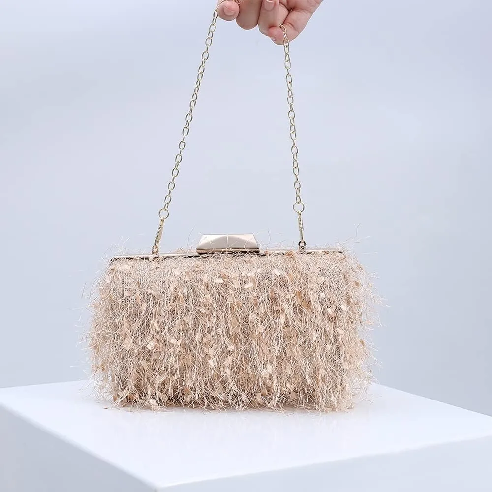 Women Handbag Clutch Bag with Tassels for Women, Wedding Banquet Party Handbag, Elegant Shoulder Bag Evening Bag (Color : Apricot)