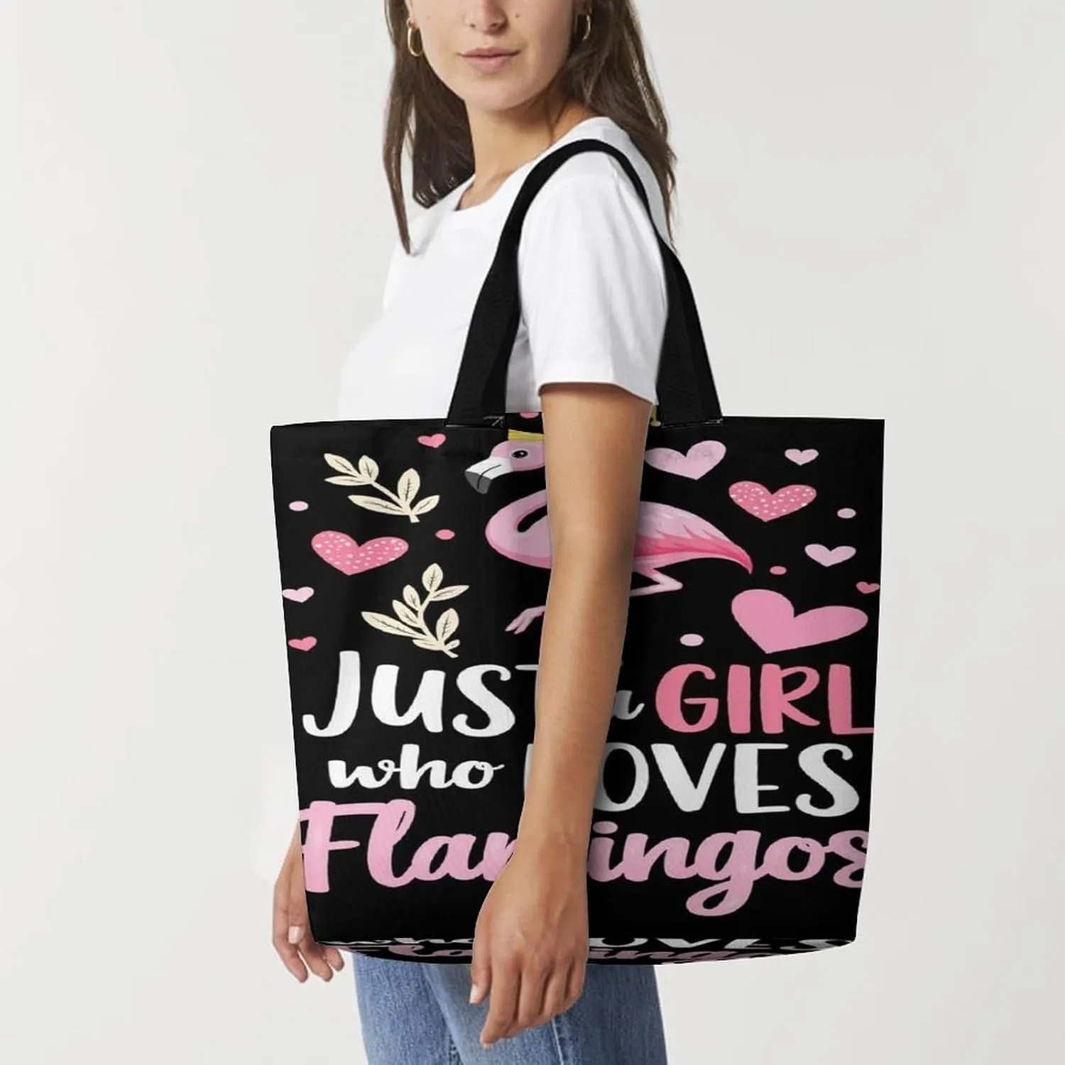 Women Just A Girl Who Loves Flamingo Tote Satchel Soft Polyester Hobo Handbags, Roomy Shoulder Bags for Travel Business Shopping, Zippered Tote Purse
