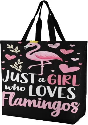 Women Just A Girl Who Loves Flamingo Tote Satchel Soft Polyester Hobo Handbags, Roomy Shoulder Bags for Travel Business Shopping, Zippered Tote Purse