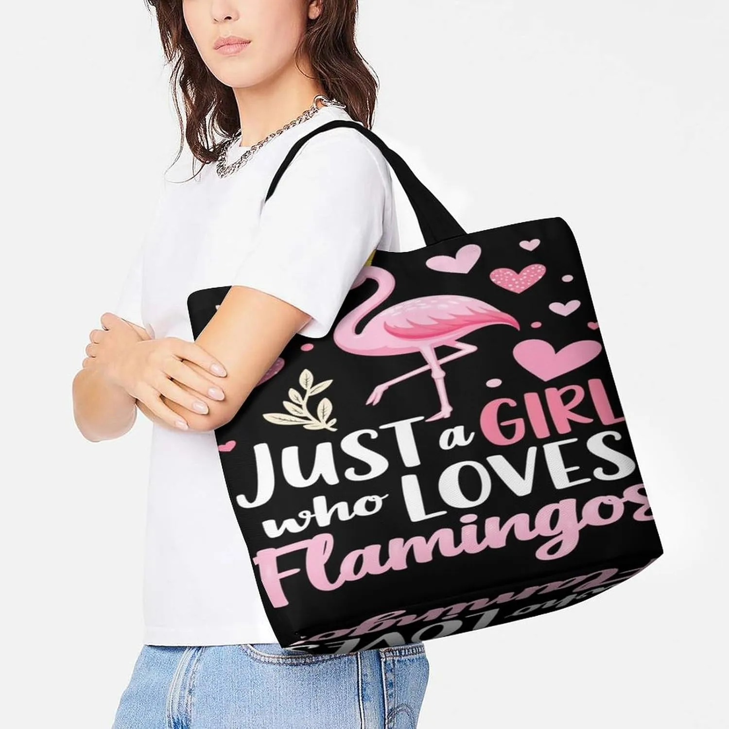 Women Just A Girl Who Loves Flamingo Tote Satchel Soft Polyester Hobo Handbags, Roomy Shoulder Bags for Travel Business Shopping, Zippered Tote Purse