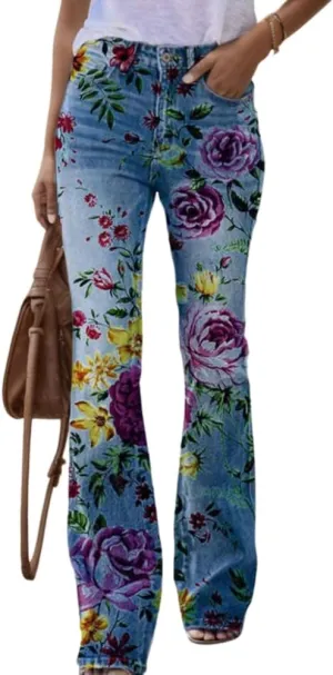 Womens Denim Printed Floral Graphic Elastic Waist Palazzo Pants Casual Loose Wide Leg Zipper Trousers with 2 Pockets