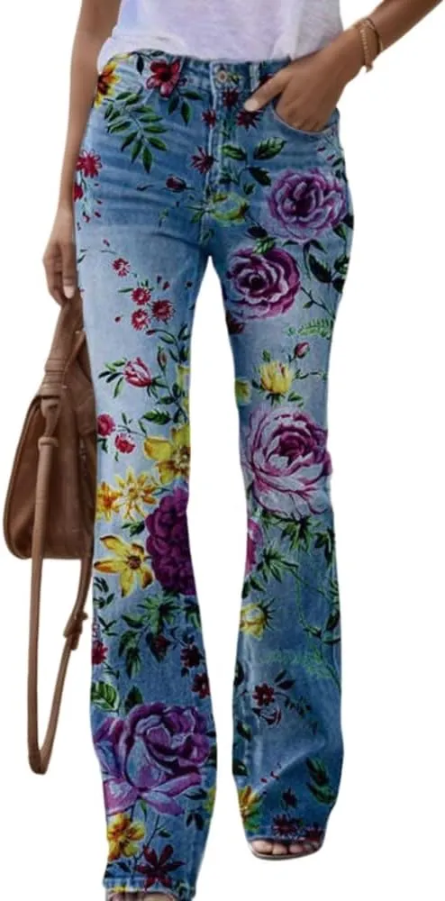 Womens Denim Printed Floral Graphic Elastic Waist Palazzo Pants Casual Loose Wide Leg Zipper Trousers with 2 Pockets