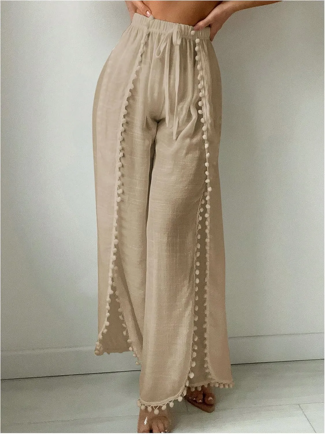 Women's Drawstring Waist Slit Bathing Suit Cover Up Swim Pants Sheer Tie Front Swim Cover Ups Swimwear