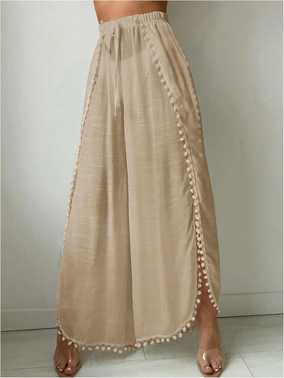 Women's Drawstring Waist Slit Bathing Suit Cover Up Swim Pants Sheer Tie Front Swim Cover Ups Swimwear