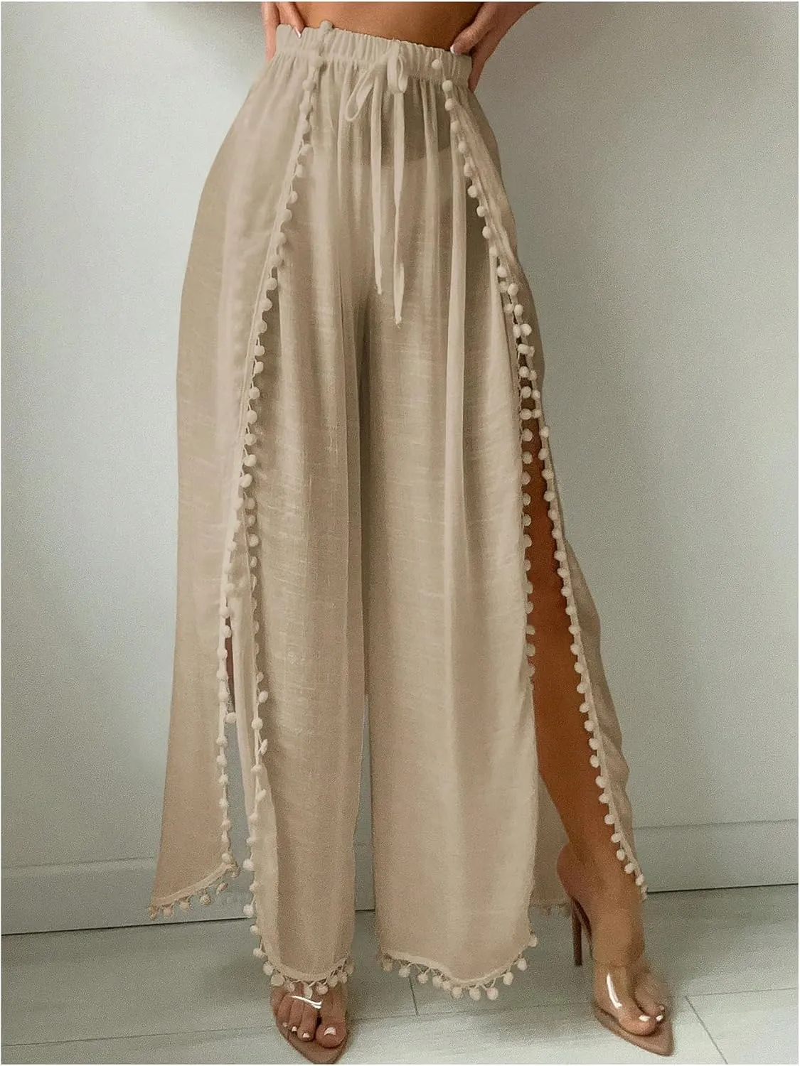 Women's Drawstring Waist Slit Bathing Suit Cover Up Swim Pants Sheer Tie Front Swim Cover Ups Swimwear