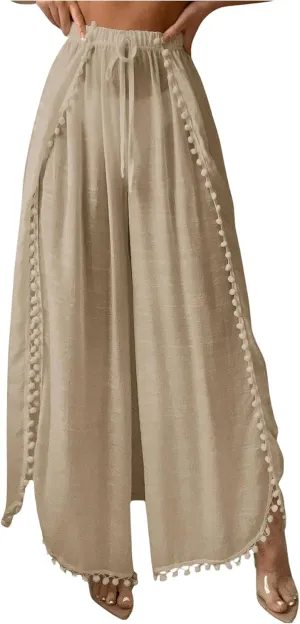 Women's Drawstring Waist Slit Bathing Suit Cover Up Swim Pants Sheer Tie Front Swim Cover Ups Swimwear