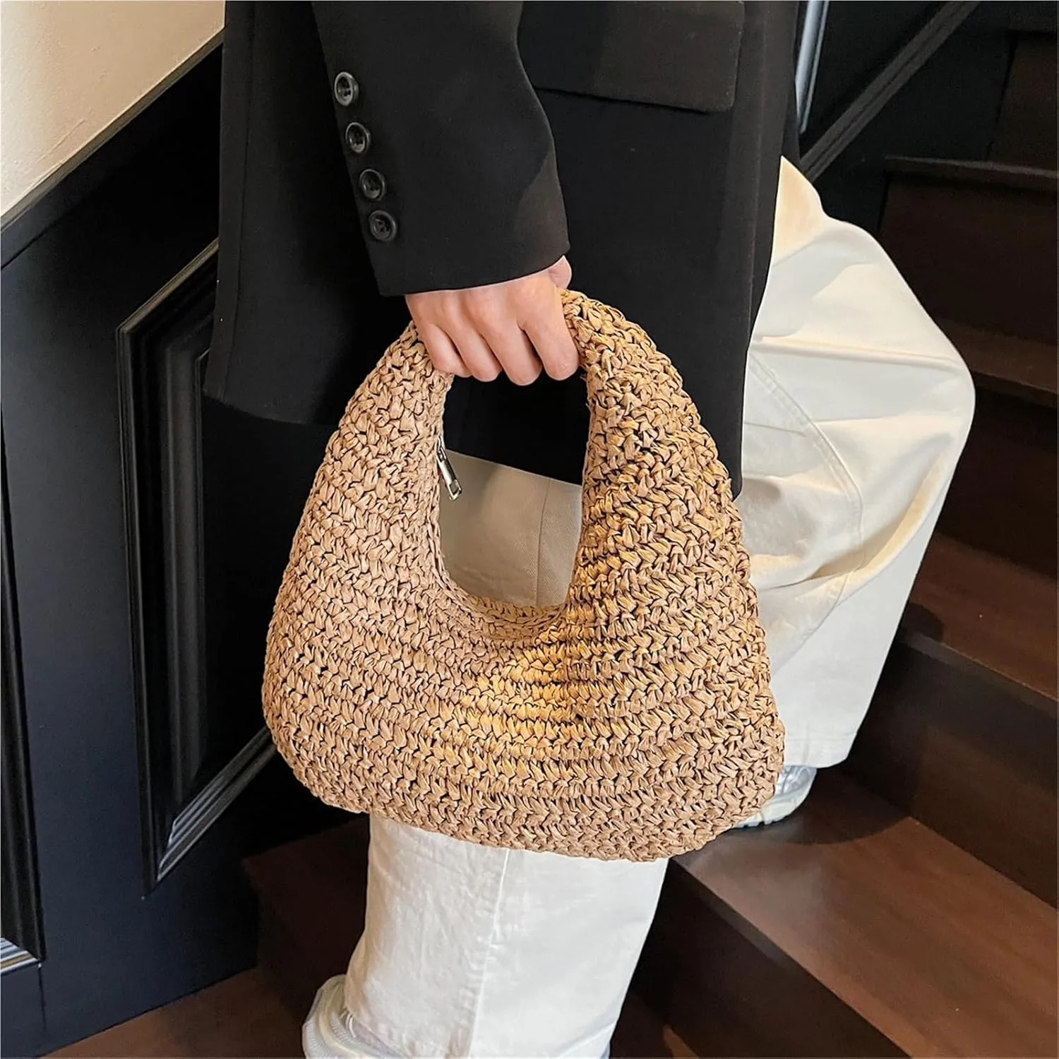 Women's Fashionable Versatile Retro Straw Handbag Solid Color Seaside Travel Shopping Commuter Bag