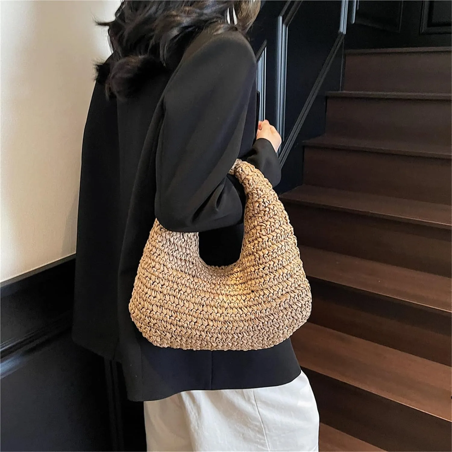 Women's Fashionable Versatile Retro Straw Handbag Solid Color Seaside Travel Shopping Commuter Bag