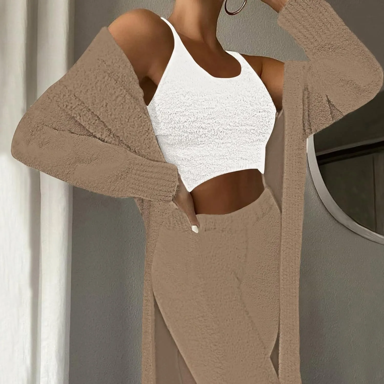 Women's Fuzzy 3 Piece Sweatsuit Open Front Cardigan Crop Tank Tops Wide Legs Pants Lounge Sets