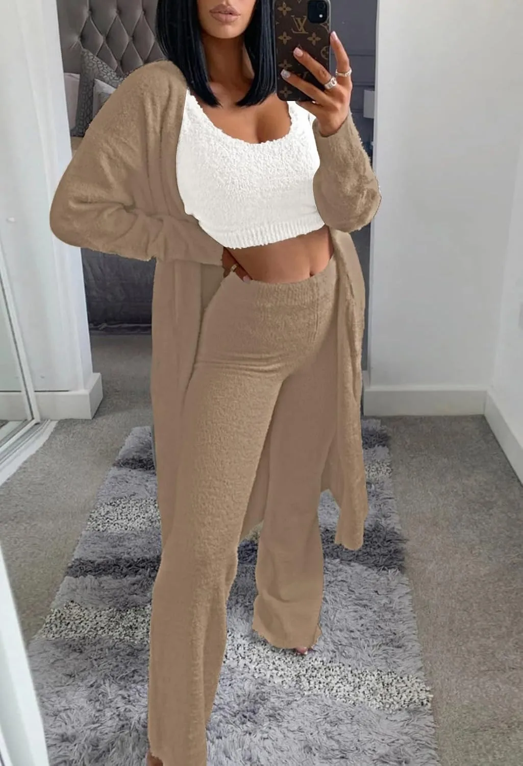 Women's Fuzzy 3 Piece Sweatsuit Open Front Cardigan Crop Tank Tops Wide Legs Pants Lounge Sets