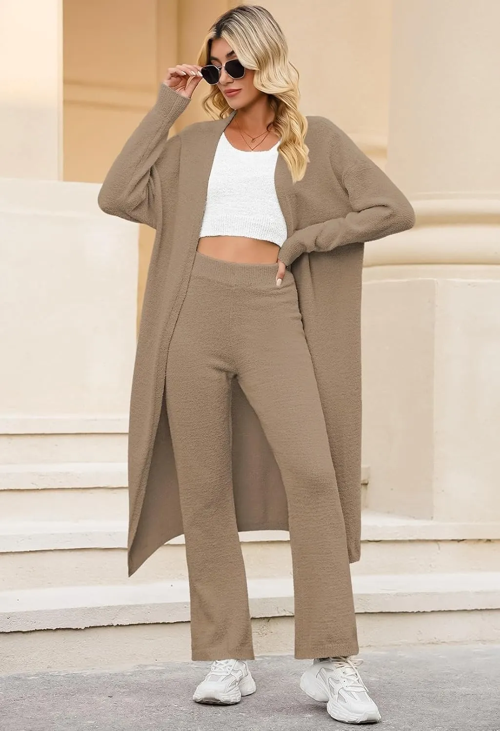 Women's Fuzzy 3 Piece Sweatsuit Open Front Cardigan Crop Tank Tops Wide Legs Pants Lounge Sets