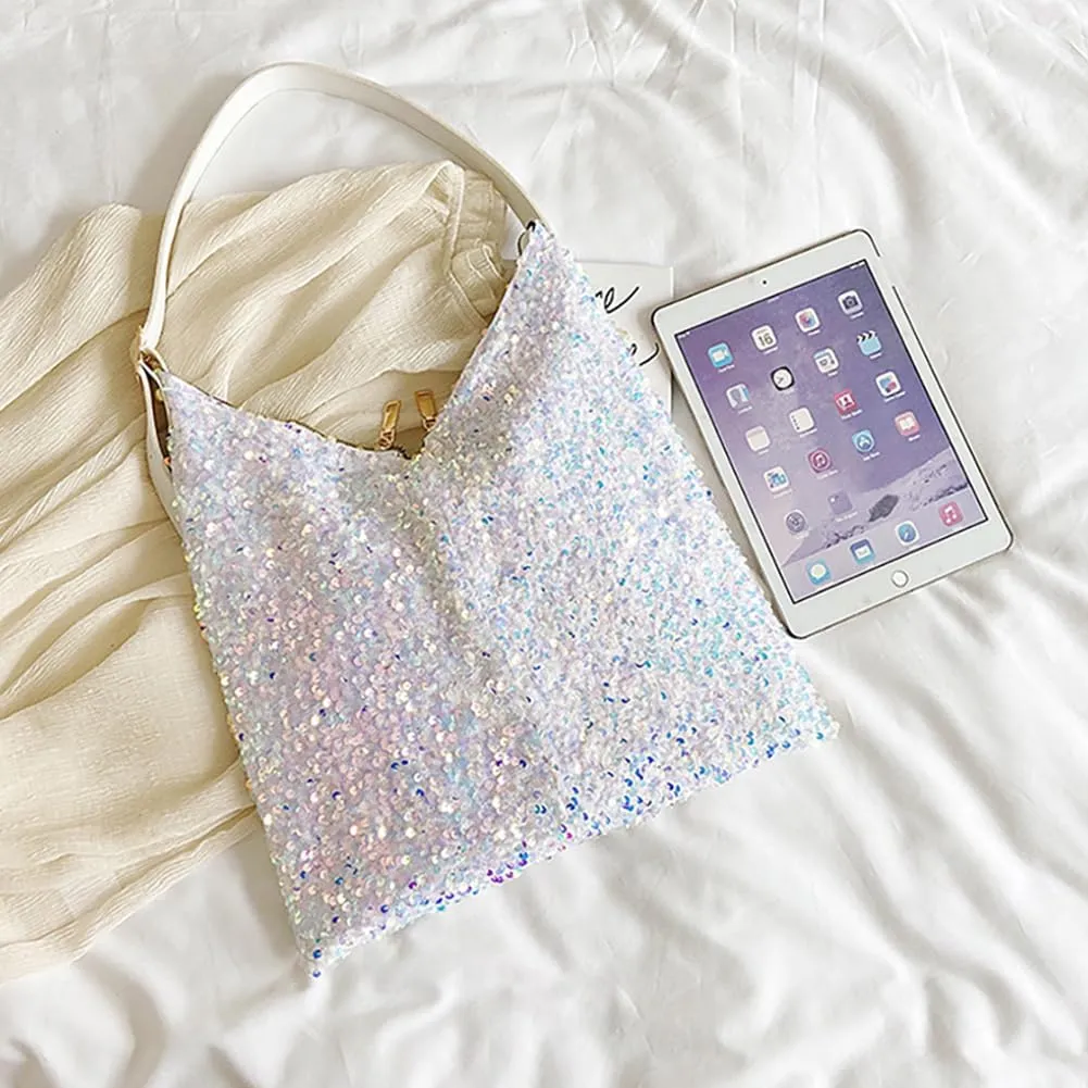 Women's Glitter Sequin Tote Bag, Lightweight Sparkle Shopping Pouch Purse, Large Capacity Hobo Shiny Underarm Shoulder Bag