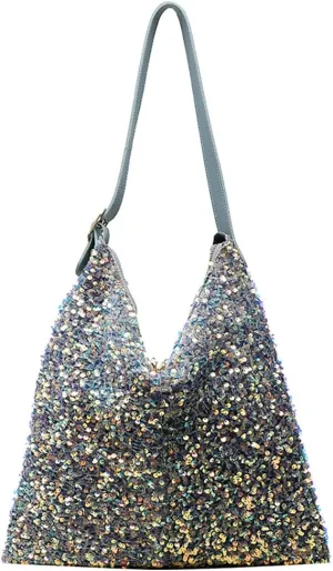 Women's Glitter Sequin Tote Bag, Lightweight Sparkle Shopping Pouch Purse, Large Capacity Hobo Shiny Underarm Shoulder Bag