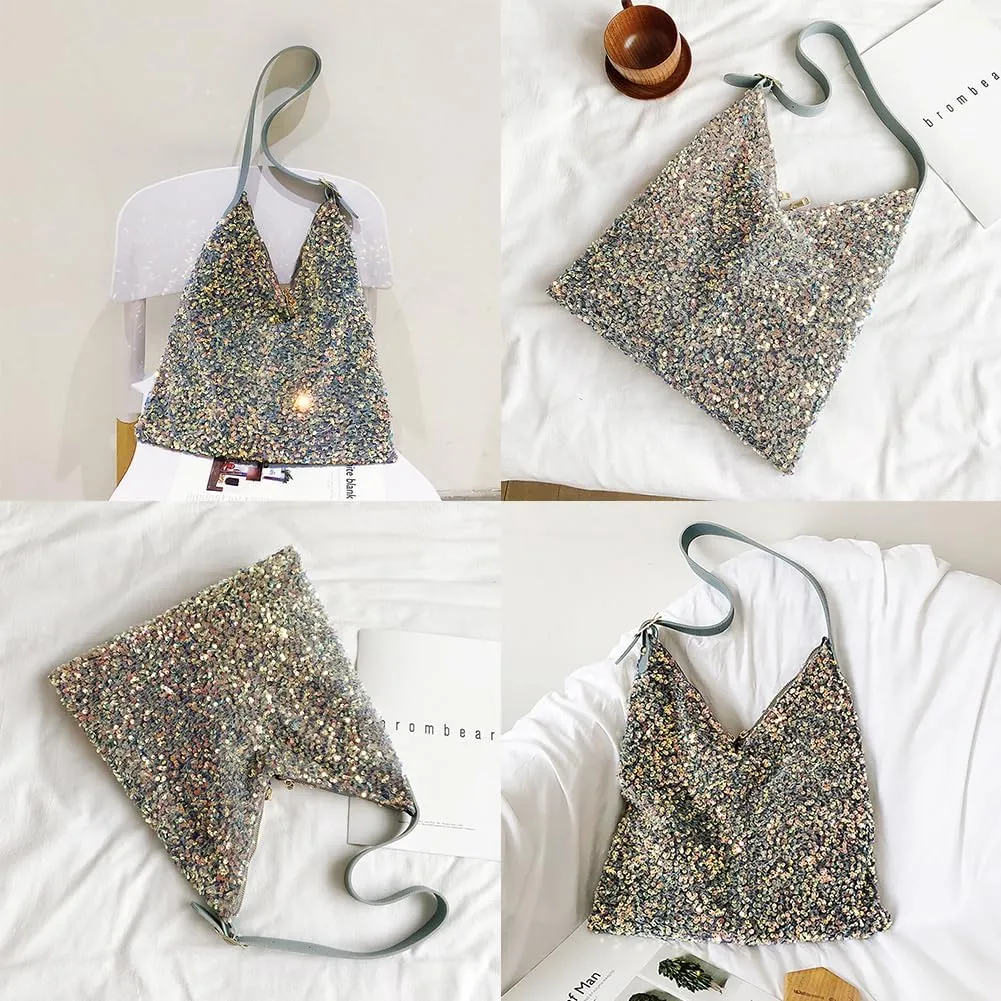 Women's Glitter Sequin Tote Bag, Lightweight Sparkle Shopping Pouch Purse, Large Capacity Hobo Shiny Underarm Shoulder Bag