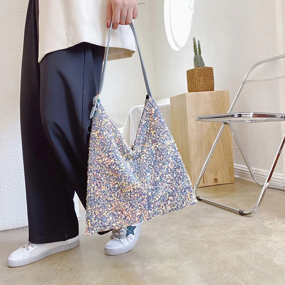 Women's Glitter Sequin Tote Bag, Lightweight Sparkle Shopping Pouch Purse, Large Capacity Hobo Shiny Underarm Shoulder Bag