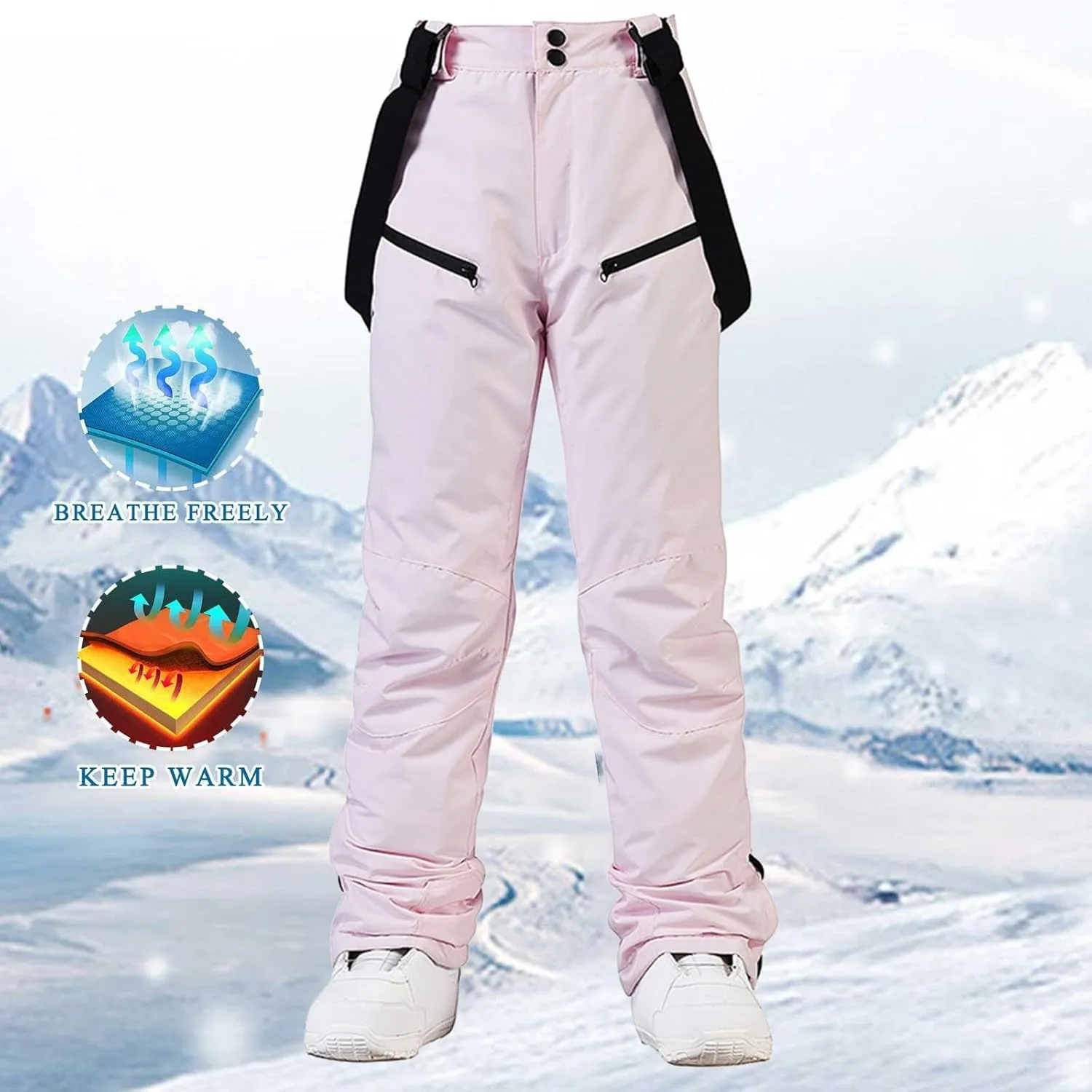 Women's Insulated Snow Pants Winter Solid Warm Ski Pant Outdoor Waterproof Snowboard Bibs with Detachable Suspender