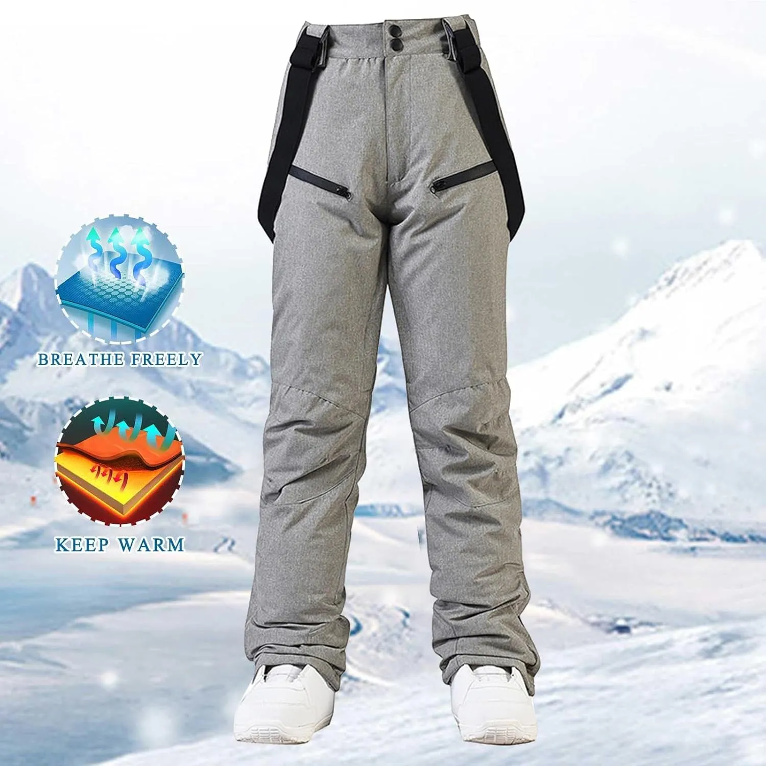 Women's Insulated Snow Pants Winter Solid Warm Ski Pant Outdoor Waterproof Snowboard Bibs with Detachable Suspender
