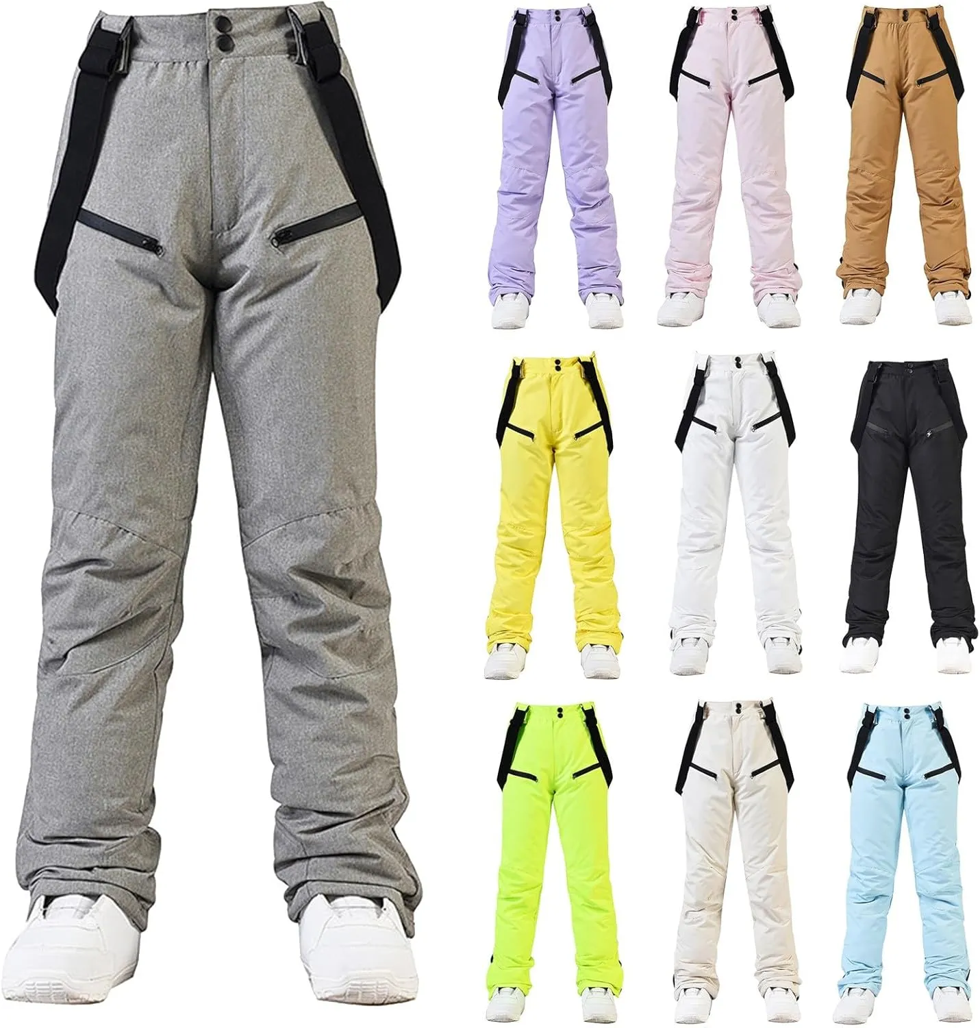 Women's Insulated Snow Pants Winter Solid Warm Ski Pant Outdoor Waterproof Snowboard Bibs with Detachable Suspender