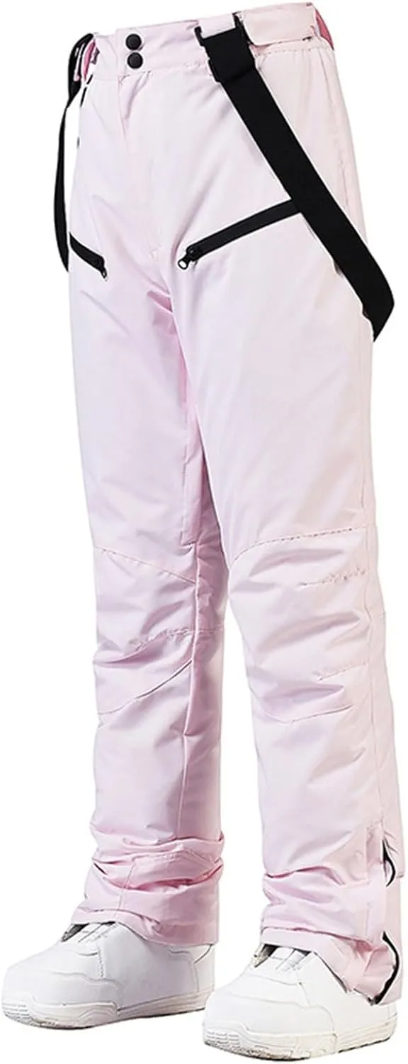 Women's Insulated Snow Pants Winter Solid Warm Ski Pant Outdoor Waterproof Snowboard Bibs with Detachable Suspender