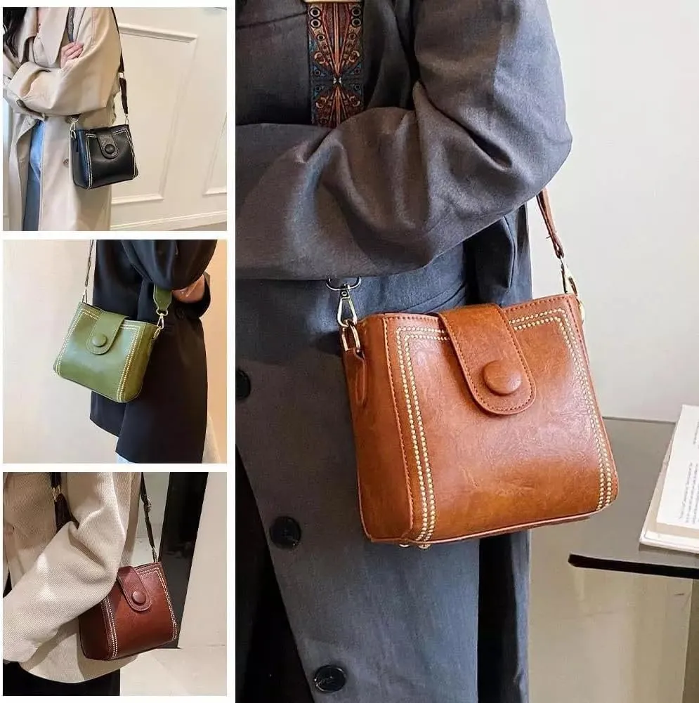 Women's Vintage Bunny Charm Bucket Bag,Trendy Leather Crossbody Bags with Adjustable Wide Shoulder Strap,Spacious Tote Purse