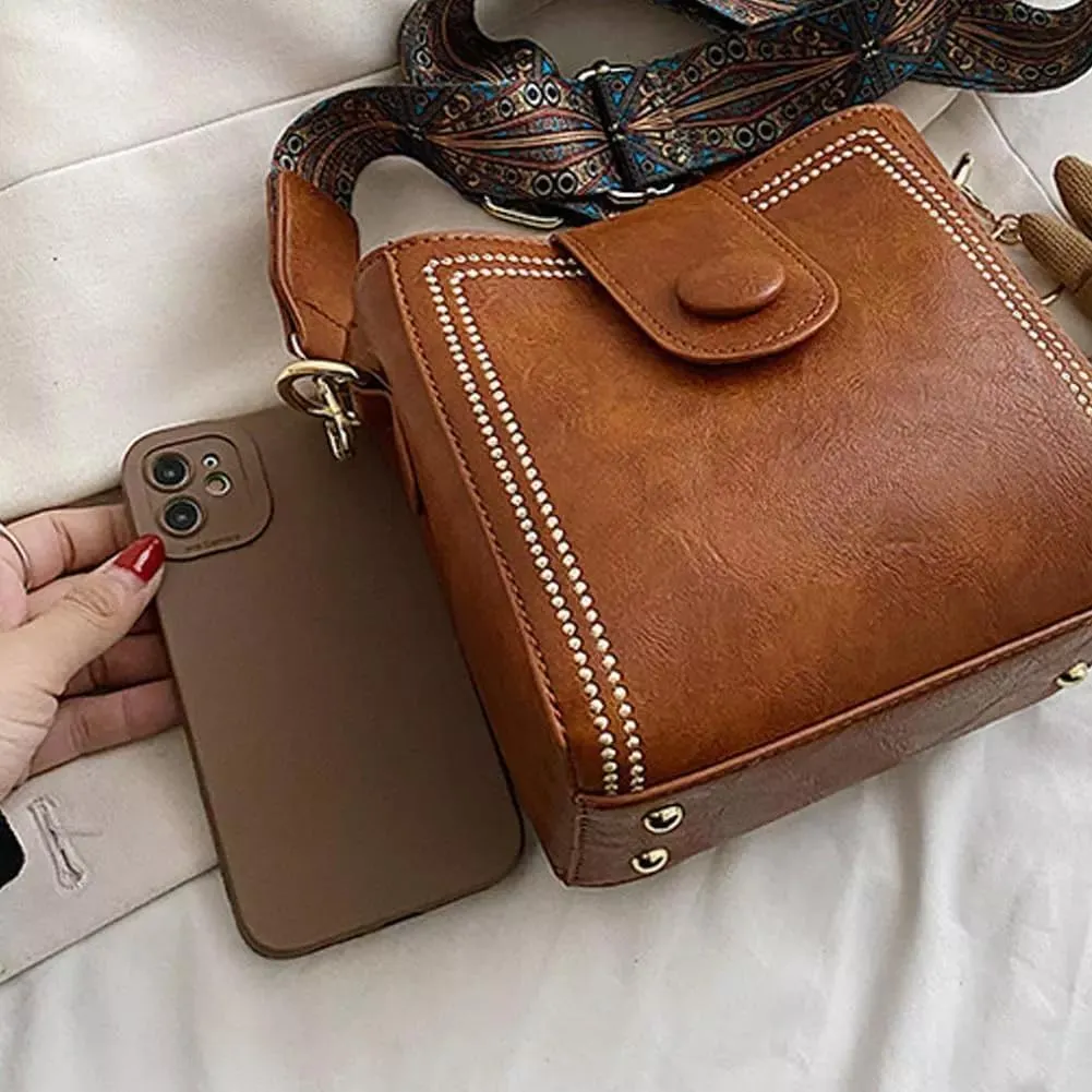 Women's Vintage Bunny Charm Bucket Bag,Trendy Leather Crossbody Bags with Adjustable Wide Shoulder Strap,Spacious Tote Purse