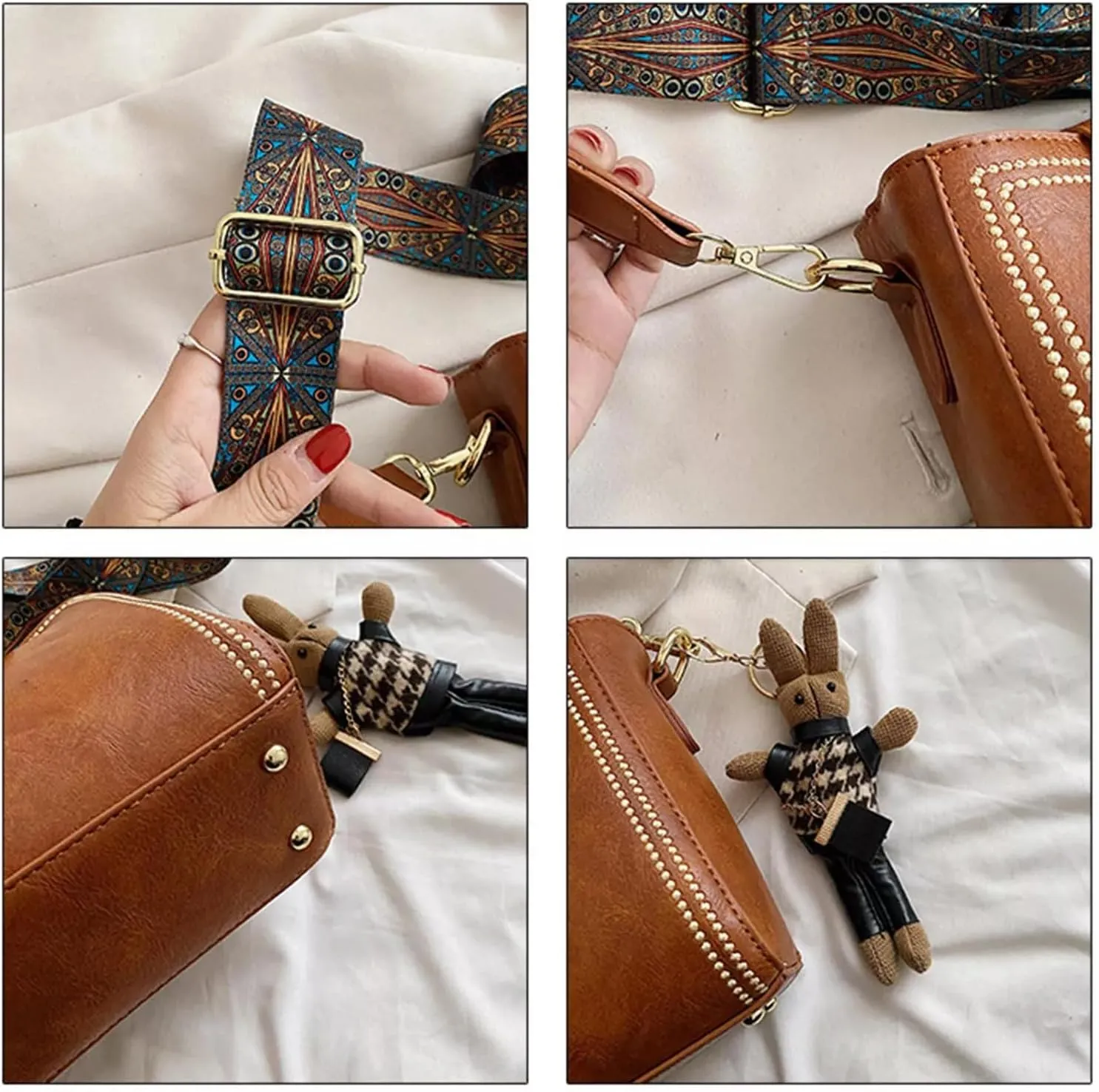 Women's Vintage Bunny Charm Bucket Bag,Trendy Leather Crossbody Bags with Adjustable Wide Shoulder Strap,Spacious Tote Purse
