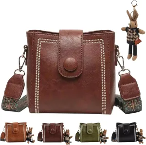 Women's Vintage Bunny Charm Bucket Bag,Trendy Leather Crossbody Bags with Adjustable Wide Shoulder Strap,Spacious Tote Purse