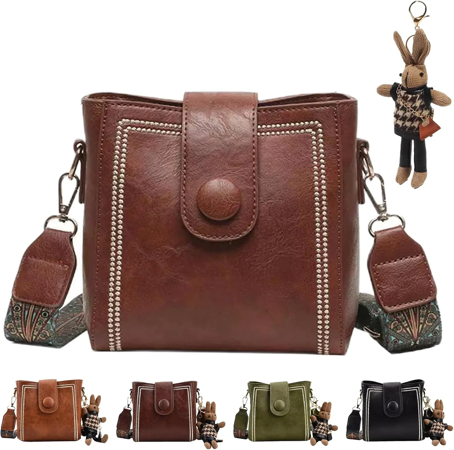 Women's Vintage Bunny Charm Bucket Bag,Trendy Leather Crossbody Bags with Adjustable Wide Shoulder Strap,Spacious Tote Purse
