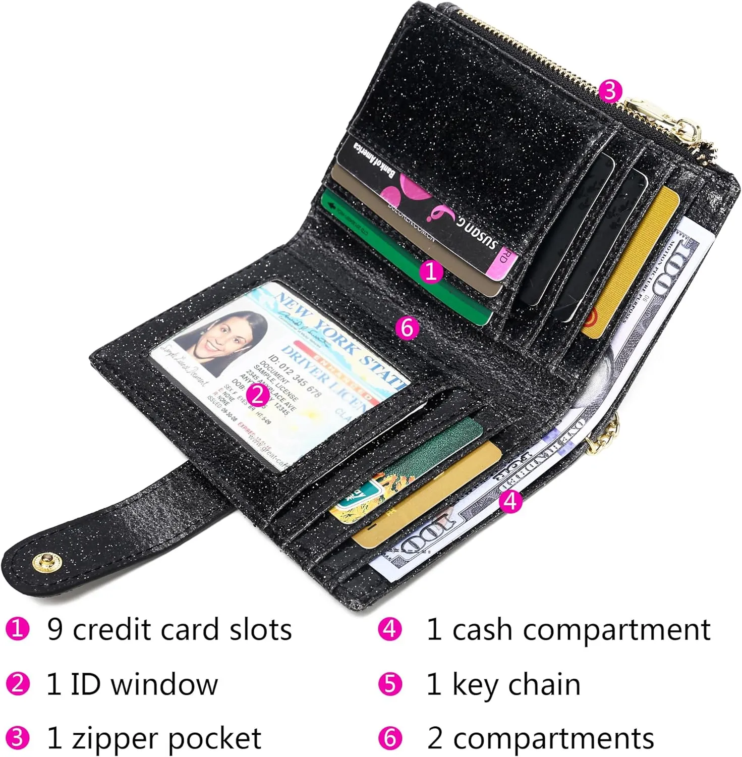 Womens Wallets RFID Small Compact Bifold Leather Card Holder Zip Pocket
