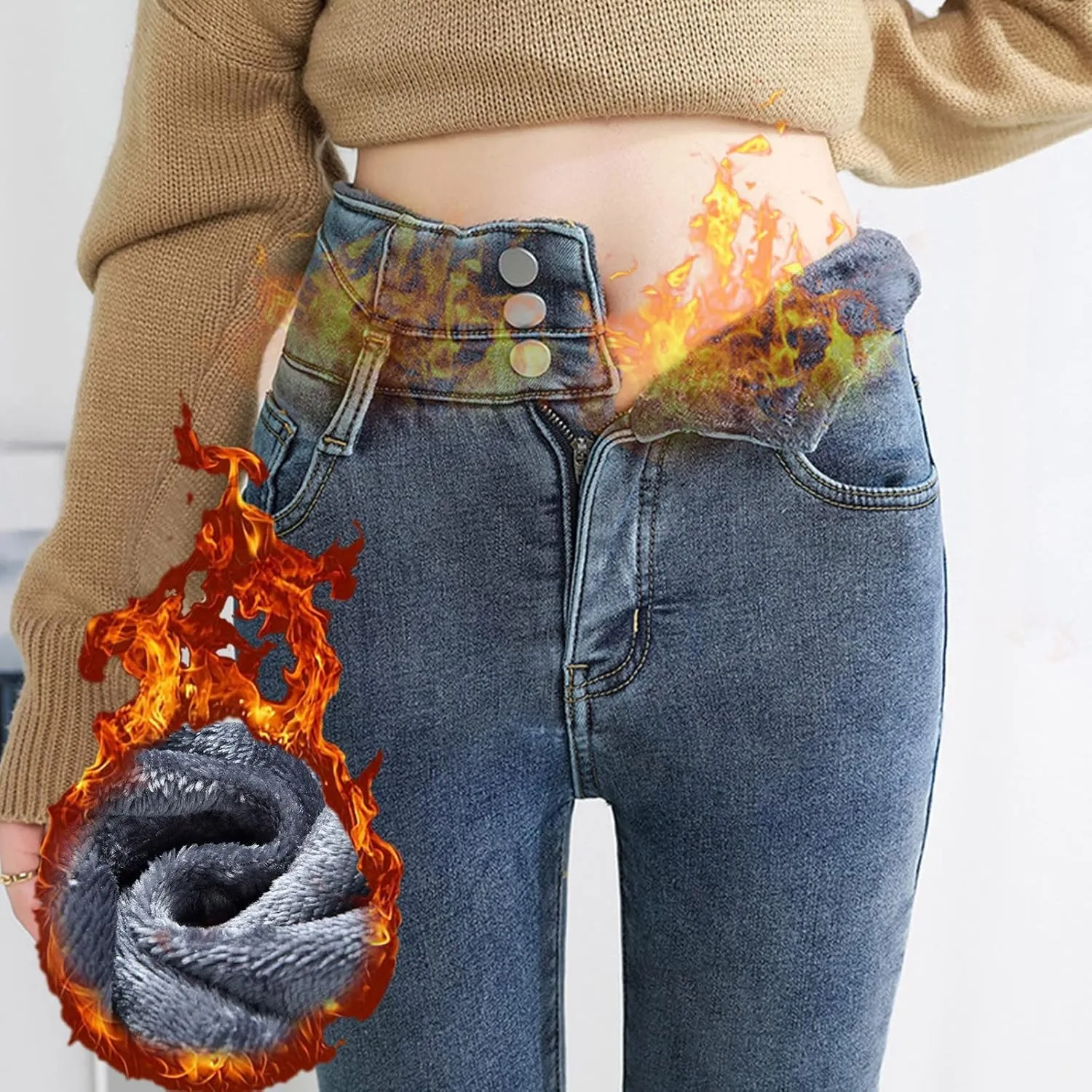 Womens Winter Jeans Thick Sherpa High Waisted Skinny Denim Pants Fleece Lined Slim Stretch Warm Jeggings with Pockets