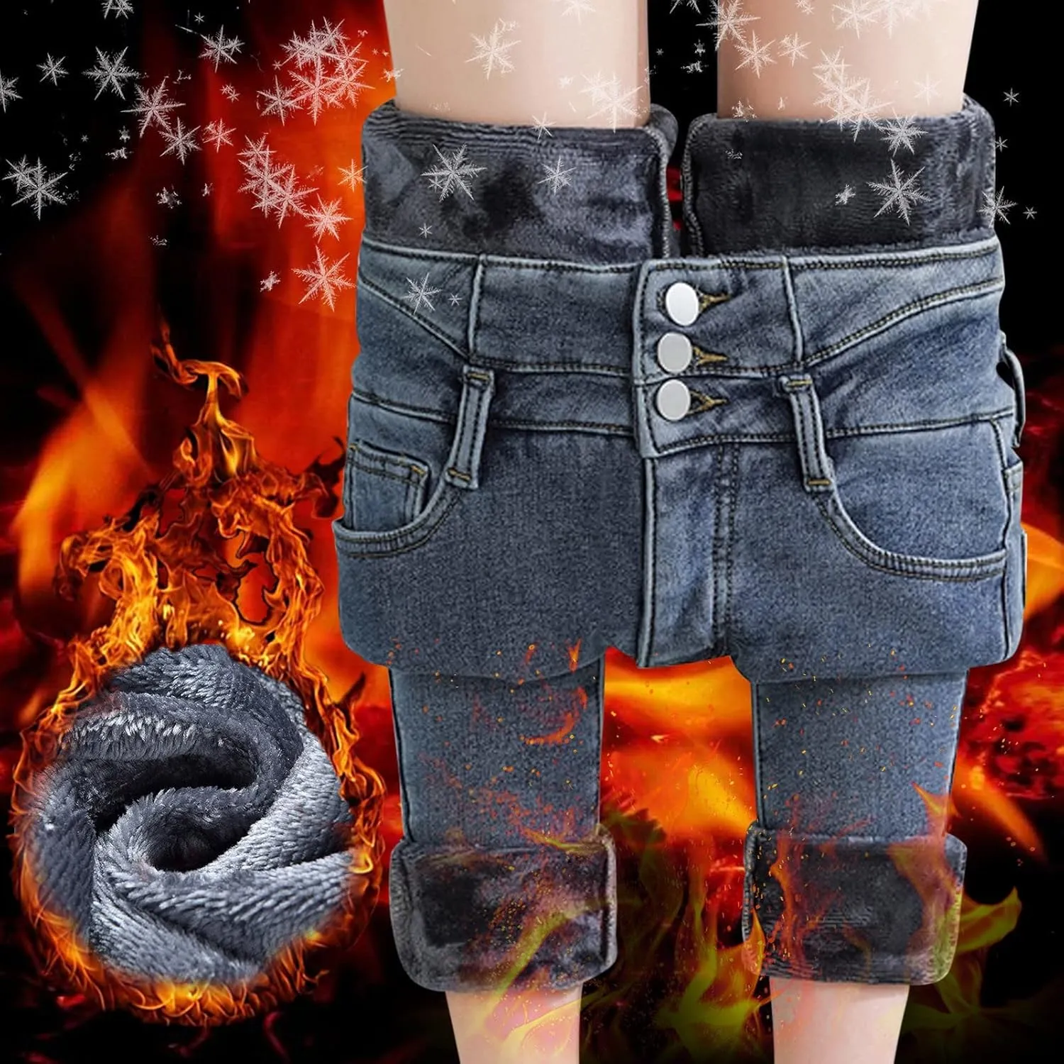 Womens Winter Jeans Thick Sherpa High Waisted Skinny Denim Pants Fleece Lined Slim Stretch Warm Jeggings with Pockets