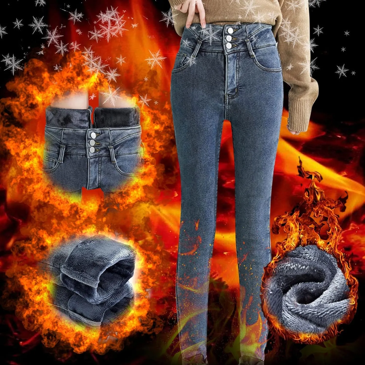 Womens Winter Jeans Thick Sherpa High Waisted Skinny Denim Pants Fleece Lined Slim Stretch Warm Jeggings with Pockets