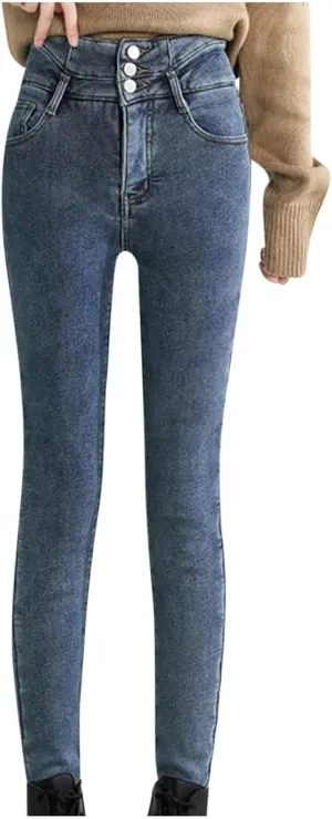 Womens Winter Jeans Thick Sherpa High Waisted Skinny Denim Pants Fleece Lined Slim Stretch Warm Jeggings with Pockets