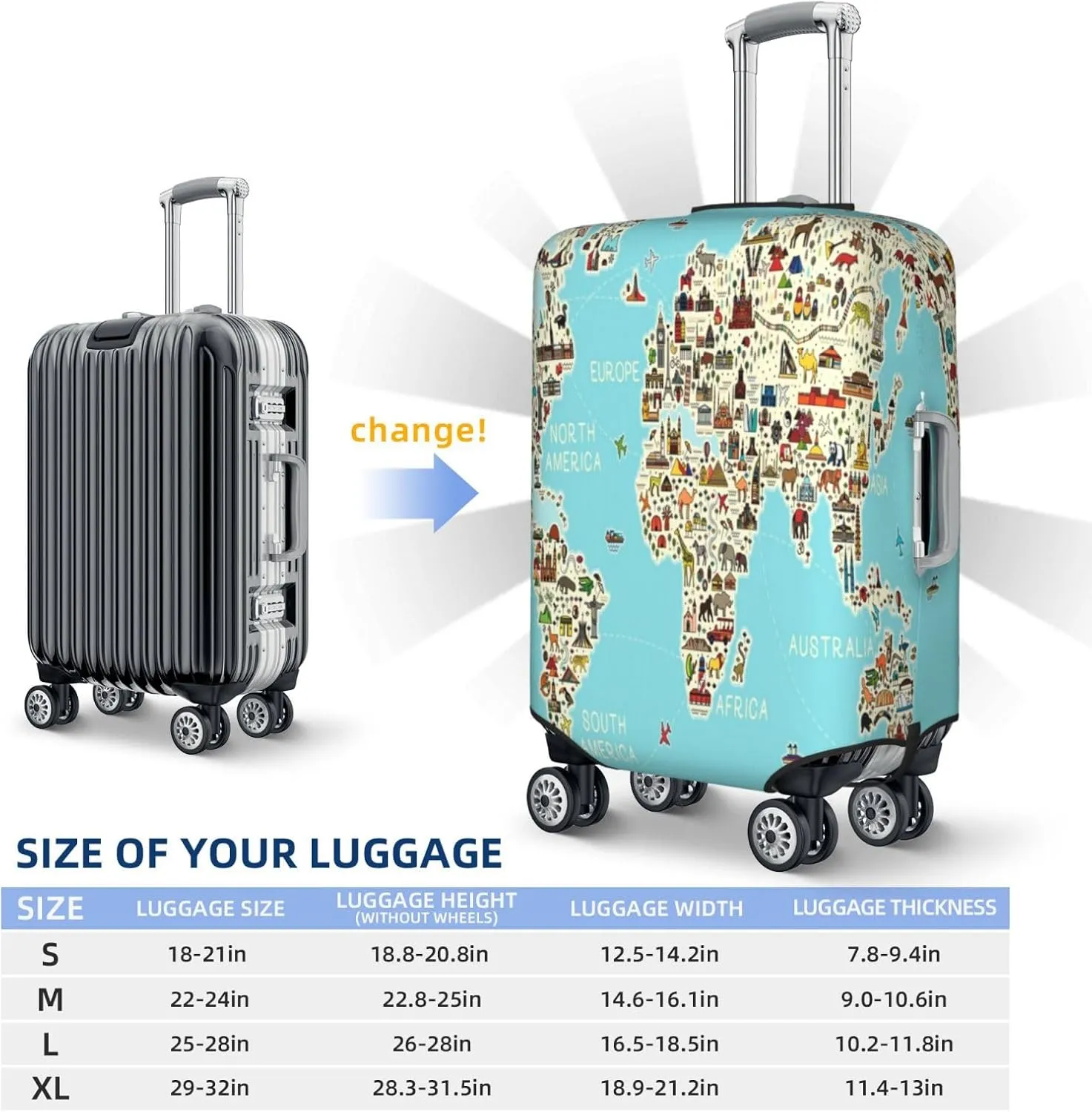 World Travel Line Icons Map Luggage Cover,Washable Suitcase Covers Fashion Luggage Covers,Anti-Scratch Suitcase Protector Cover