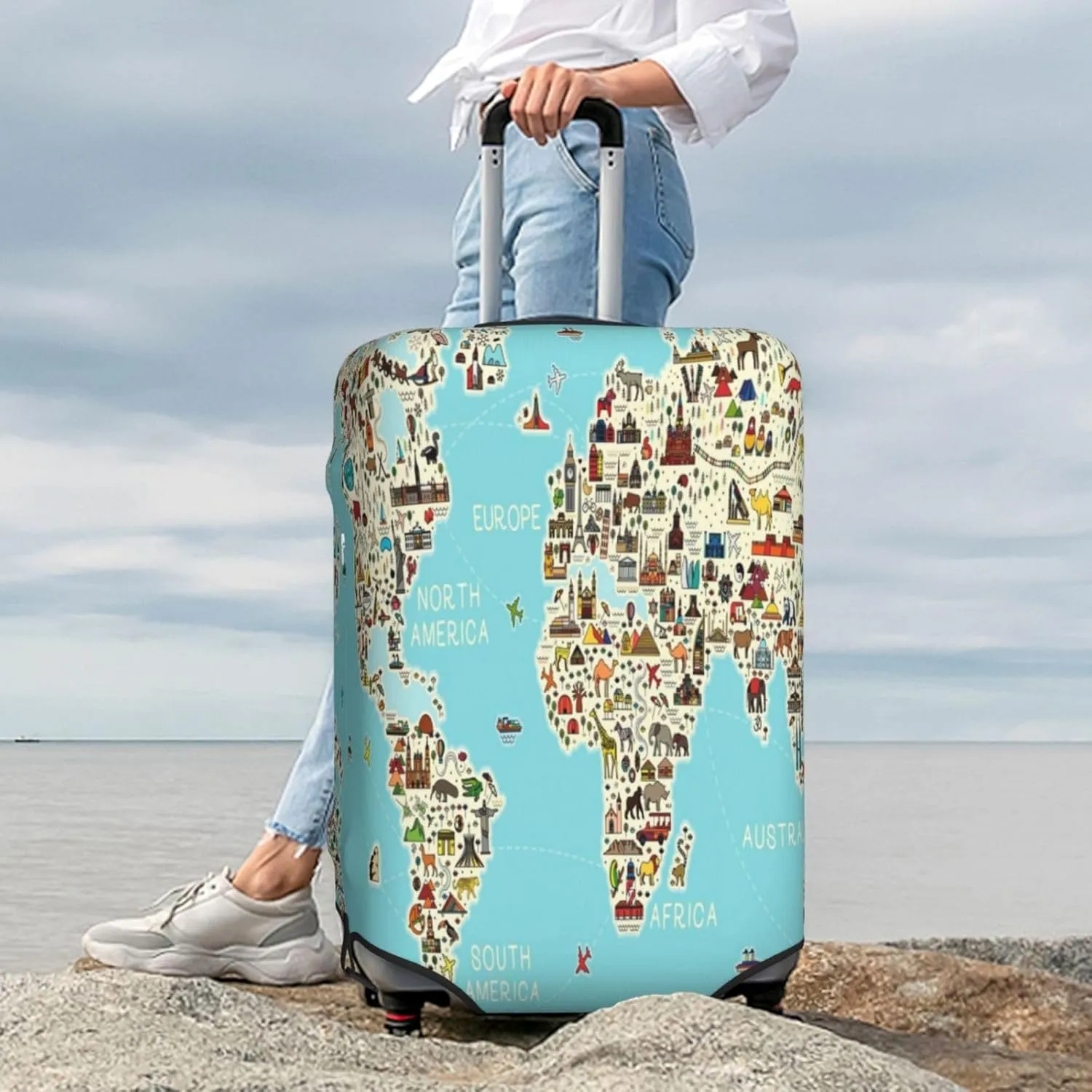 World Travel Line Icons Map Luggage Cover,Washable Suitcase Covers Fashion Luggage Covers,Anti-Scratch Suitcase Protector Cover