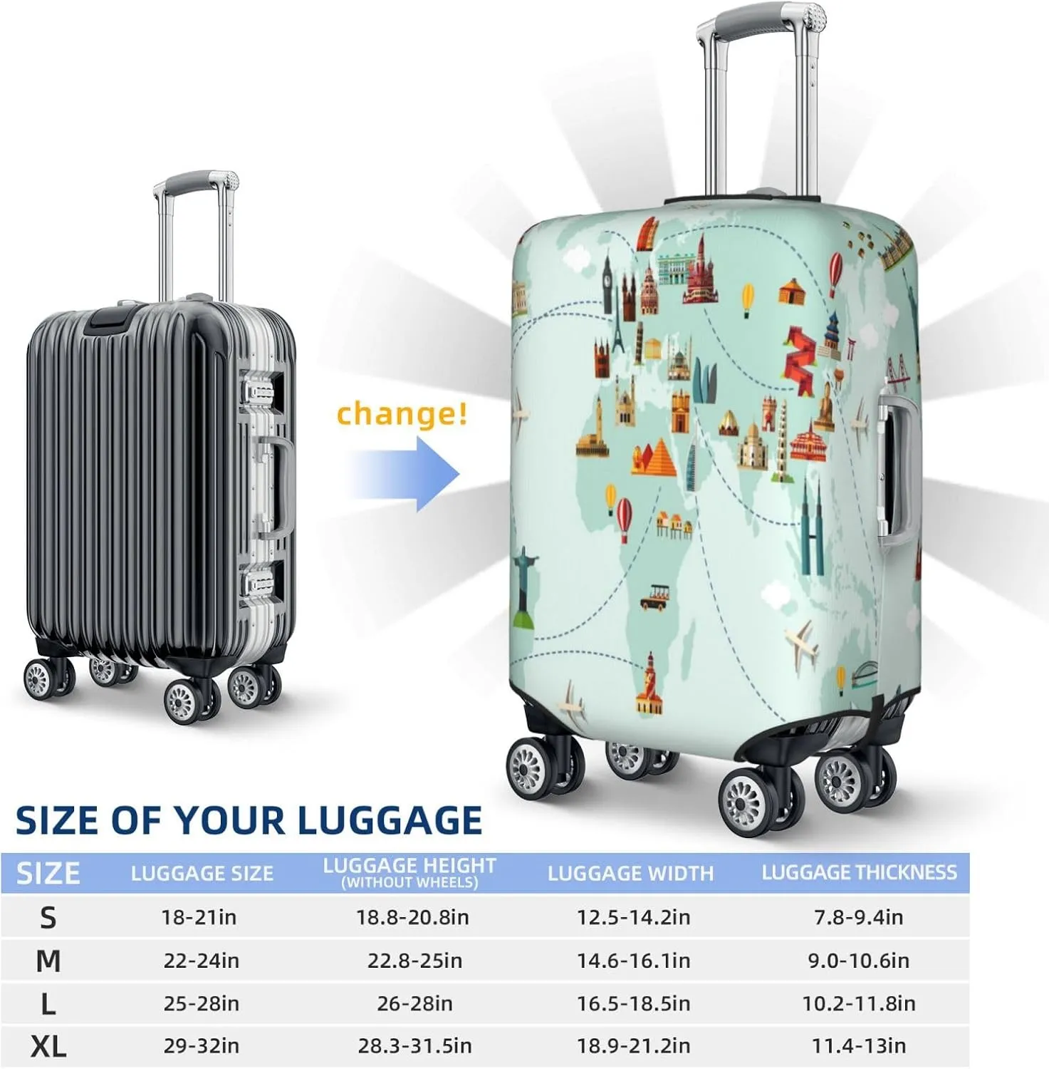 World Travel Map Luggage Cover,Washable Suitcase Covers Fashion Luggage Covers,Anti-Scratch Suitcase Protector Cover