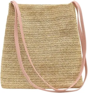 Woven bag,vacation handbags, Straw Bag Woven Summer Straw Bag Retro Versatile Shoulder Bag Portable Bucket Bag For Women Straw Bag Tote(Pink)