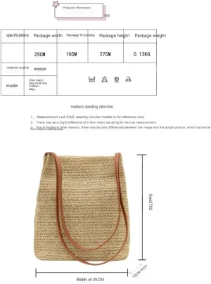 Woven bag,vacation handbags, Straw Bag Woven Summer Straw Bag Retro Versatile Shoulder Bag Portable Bucket Bag For Women Straw Bag Tote(White)