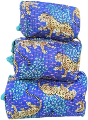 YILLE Set of 3 Pieces Block Printed Travel Organizer Kit Storage Bag for Women Makeup Bag Travel Cosmetic Bag (Blue Cheetah)