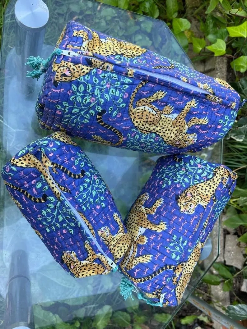 YILLE Set of 3 Pieces Block Printed Travel Organizer Kit Storage Bag for Women Makeup Bag Travel Cosmetic Bag (Blue Cheetah)