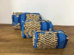 YILLE Set of 3 Pieces Block Printed Travel Organizer Kit Storage Bag for Women Makeup Bag Travel Cosmetic Bag (Blue Fat Tiger)