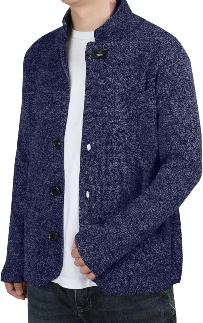 yoeasy Men's Blazer Collar Long Sleeve Button Knit Cardigan Casual Open Front Sweater with Pockets