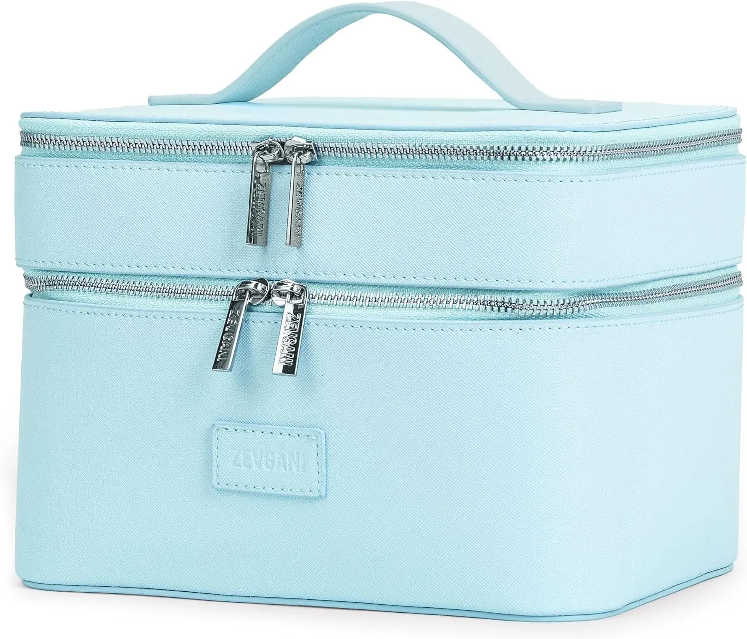 ZEVGANI Vanity Case Travel Makeup Bag, Portable Large Leather Cosmetic Bag Organizer with Dual Compartments, Compact Mirror, Brush Storage & Removable Divider for Toiletries & Skincare, Blue