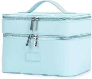 ZEVGANI Vanity Case Travel Makeup Bag, Portable Large Leather Cosmetic Bag Organizer with Dual Compartments, Compact Mirror, Brush Storage & Removable Divider for Toiletries & Skincare, Blue