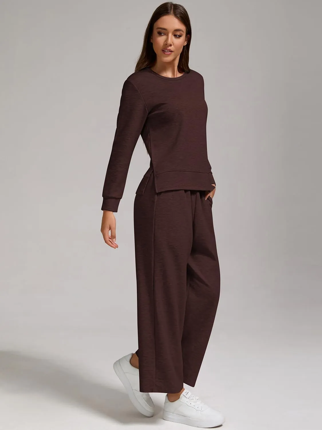 ZFLM Women Casual Two Piece Sweatshirt Outfit Lounge Set Long Sleeve Side Slit Tops Wide Leg Jogger Pants Streetwear